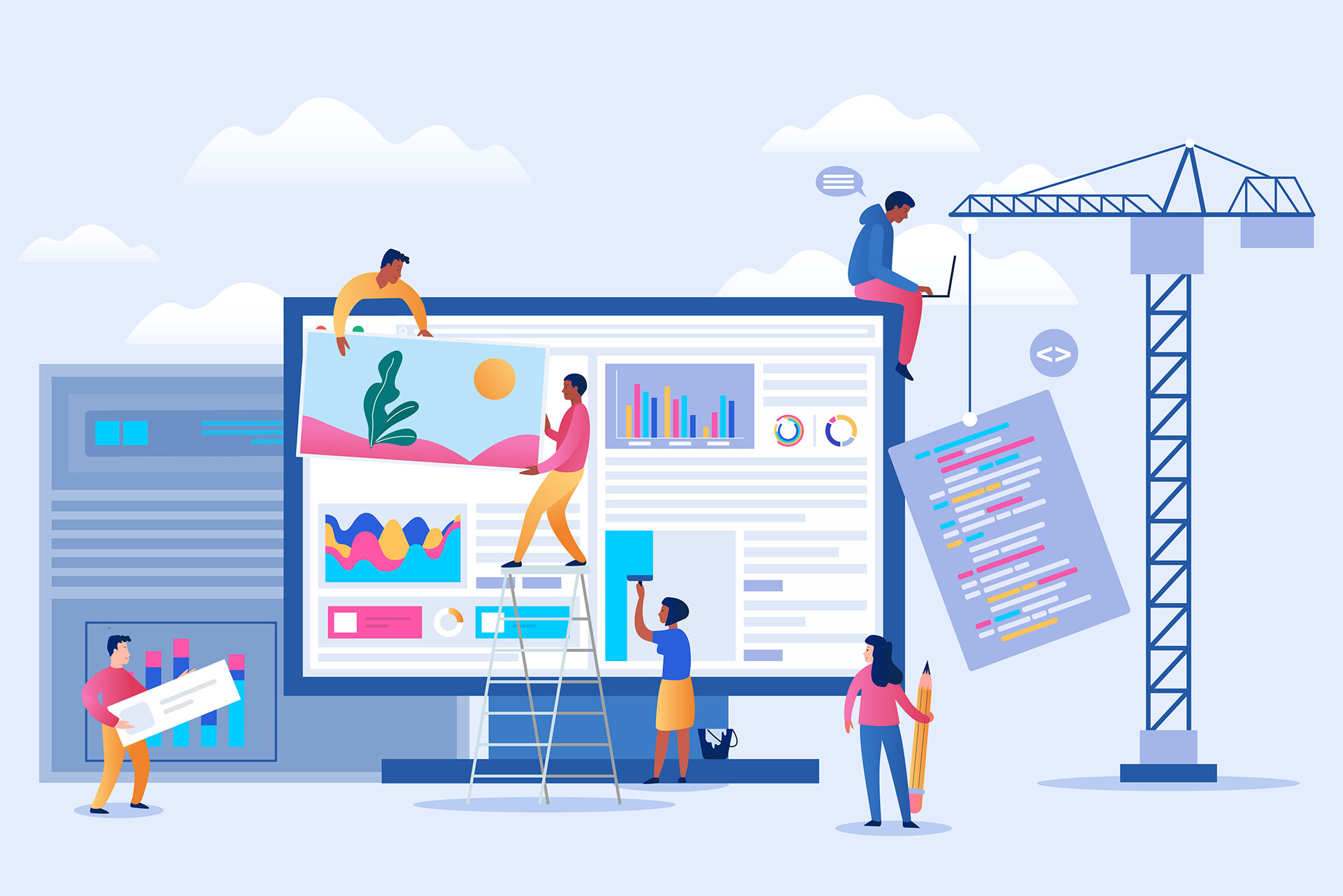 Illustration d’un site web en construction, représentant un écosystème numérique interconnecté